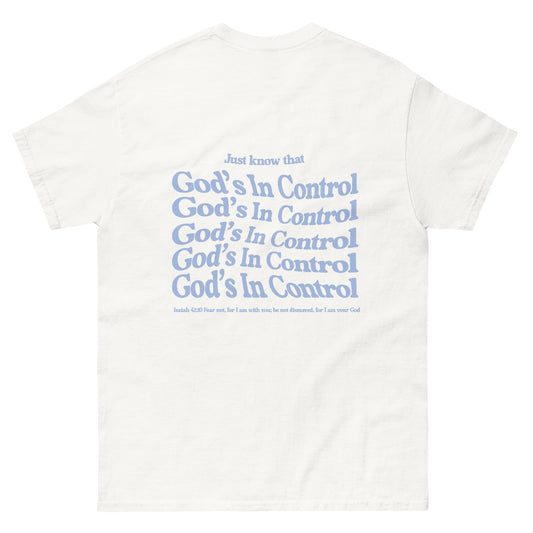 White t-shirt with repeated 'God’s In Control' text in blue on the back, featuring Isaiah 41:10 Bible verse.