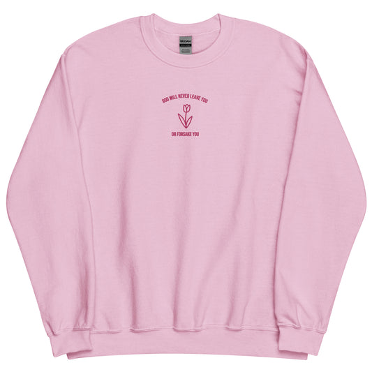 Christian pink sweatshirt with floral design and faith message 'God Will Never Leave You or Forsake You' on the chest.